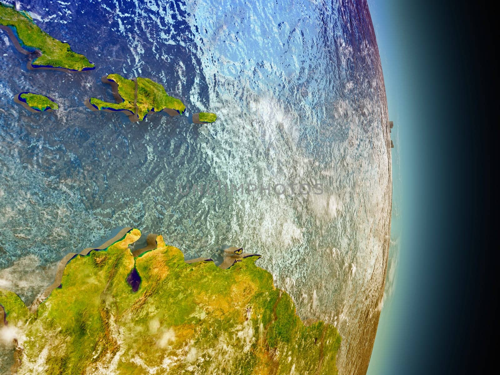 Model of Caribbean from Earth's orbit in space. 3D illustration with highly detailed realistic planet surface and clouds in the atmosphere. Elements of this image furnished by NASA.