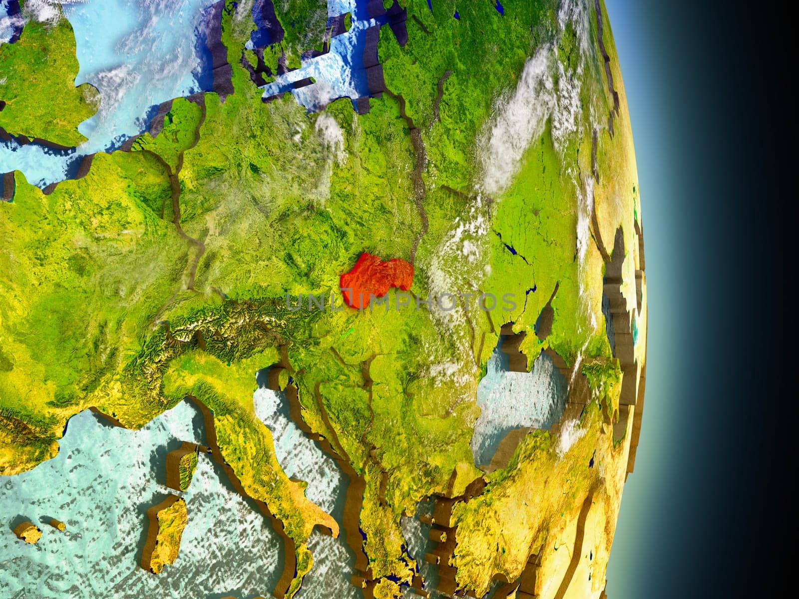 Model of Slovakia from Earth's orbit in space. 3D illustration with highly detailed realistic planet surface and clouds in the atmosphere. Elements of this image furnished by NASA.