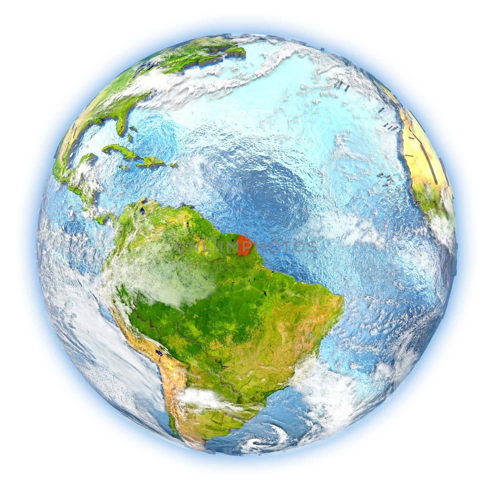 French Guiana highlighted in red on planet Earth. 3D illustration isolated on white background. Elements of this image furnished by NASA.