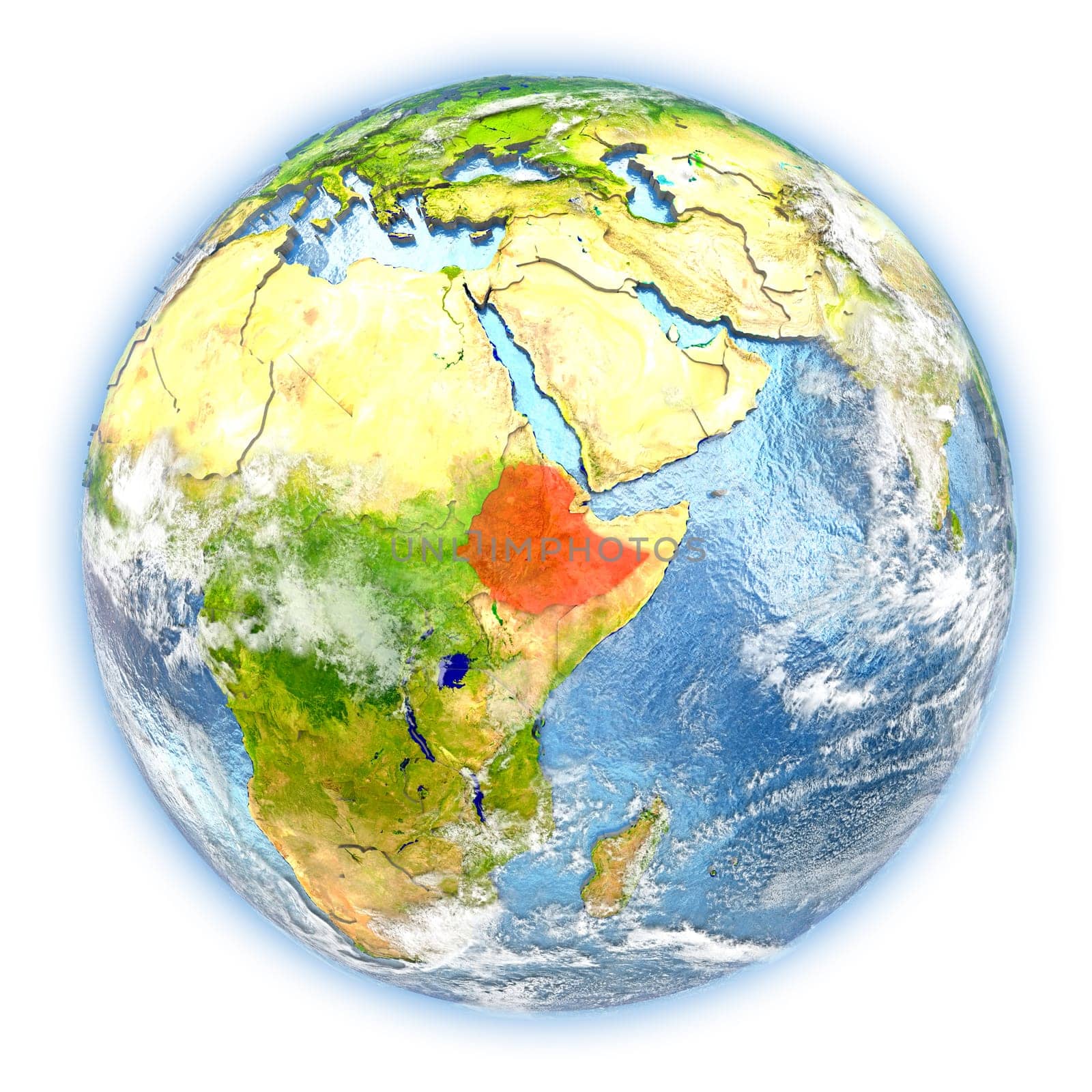 Ethiopia highlighted in red on planet Earth. 3D illustration isolated on white background. Elements of this image furnished by NASA.