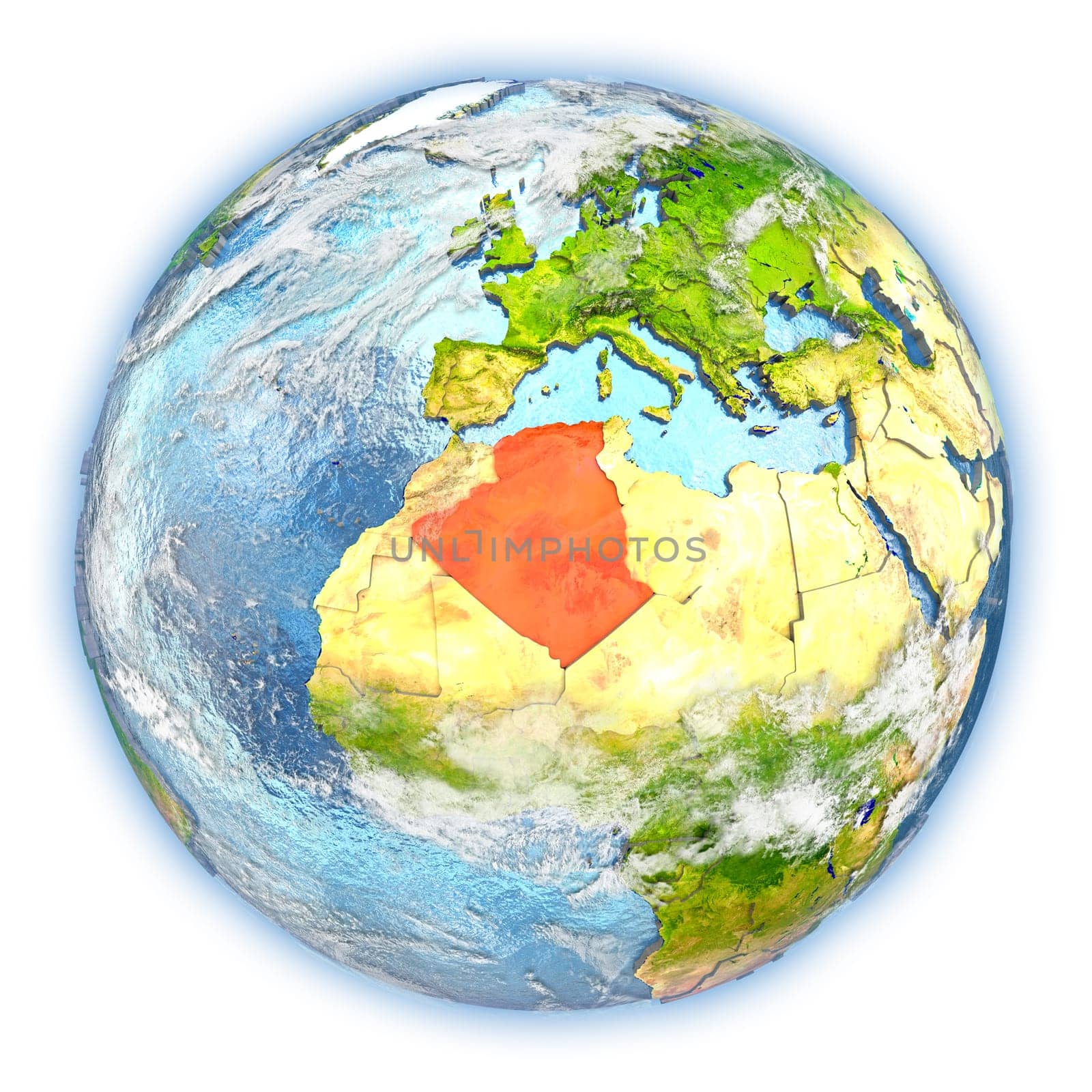 Algeria highlighted in red on planet Earth. 3D illustration isolated on white background. Elements of this image furnished by NASA.