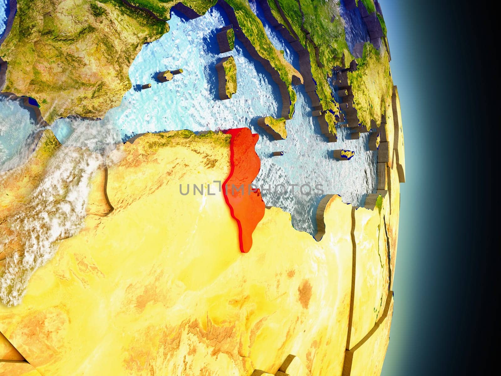 Model of Tunisia from Earth's orbit in space. 3D illustration with highly detailed realistic planet surface and clouds in the atmosphere. Elements of this image furnished by NASA.