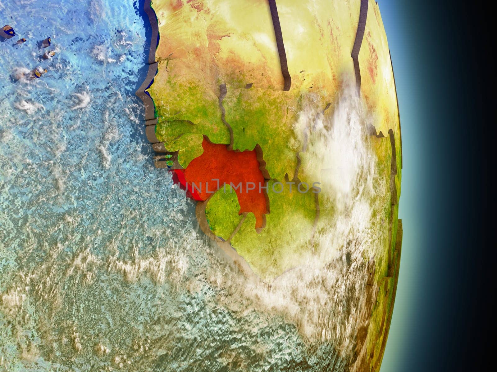 Model of Guinea from Earth's orbit in space. 3D illustration with highly detailed realistic planet surface and clouds in the atmosphere. Elements of this image furnished by NASA.