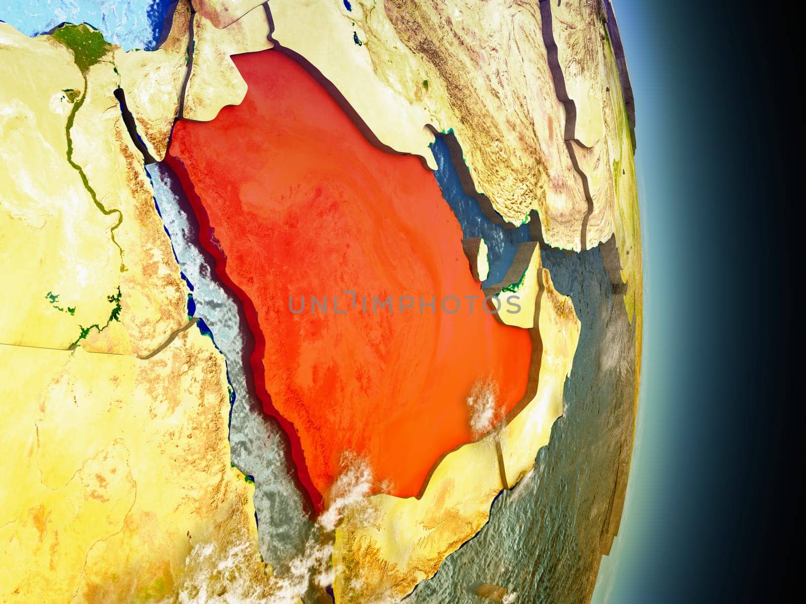 Model of Saudi Arabia from Earth's orbit in space. 3D illustration with highly detailed realistic planet surface and clouds in the atmosphere. Elements of this image furnished by NASA.