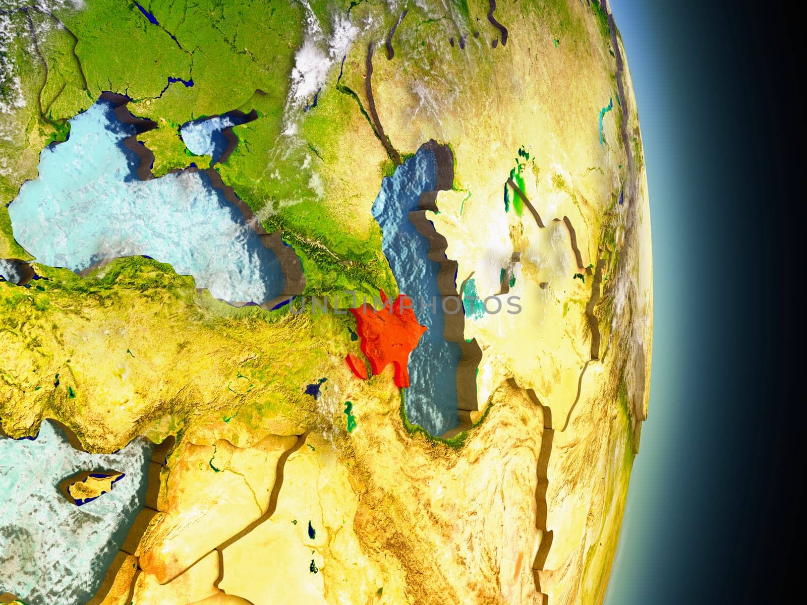 Model of Azerbaijan from Earth's orbit in space. 3D illustration with highly detailed realistic planet surface and clouds in the atmosphere. Elements of this image furnished by NASA.