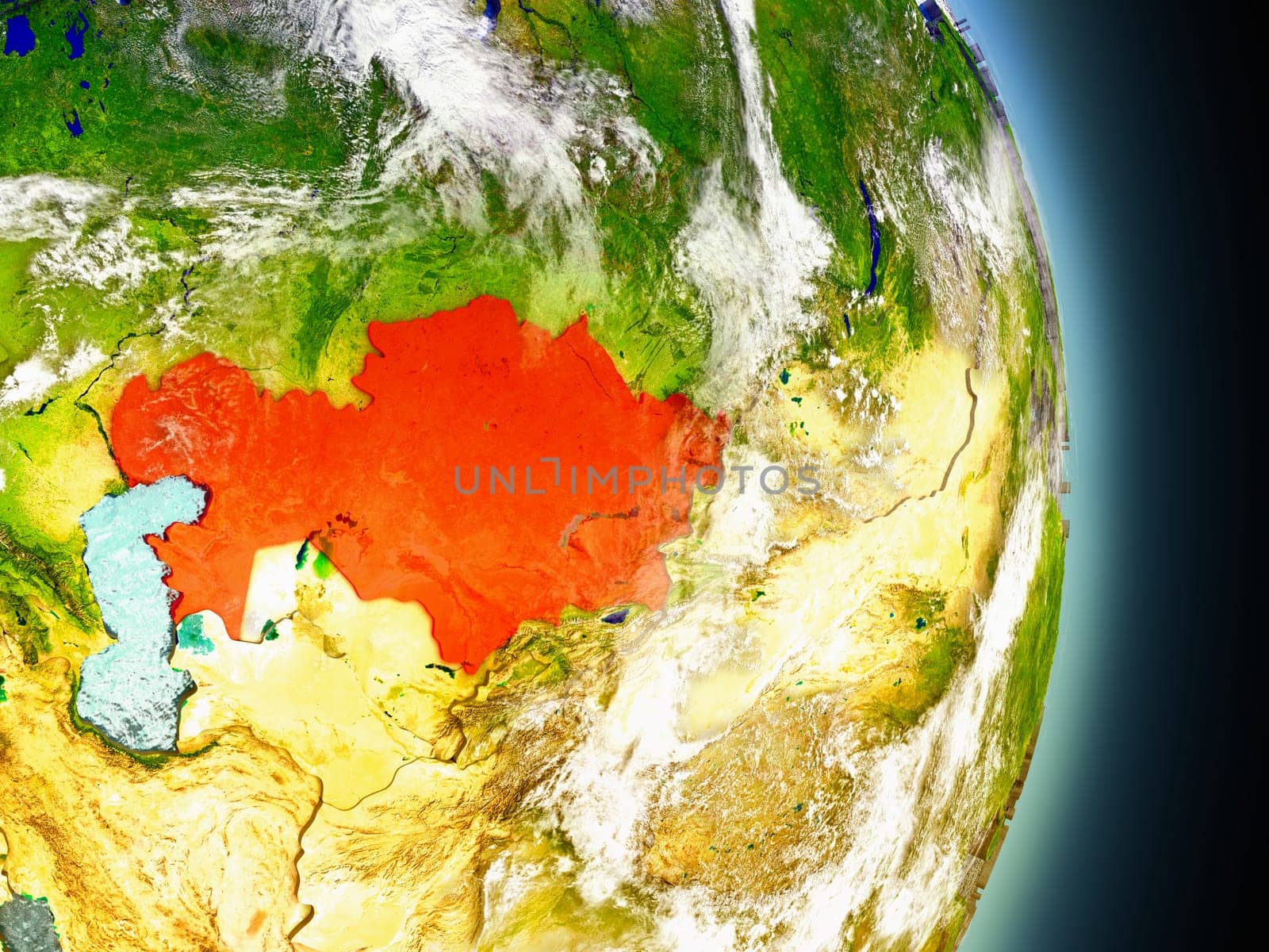 Model of Kazakhstan from Earth's orbit in space. 3D illustration with highly detailed realistic planet surface and clouds in the atmosphere. Elements of this image furnished by NASA.