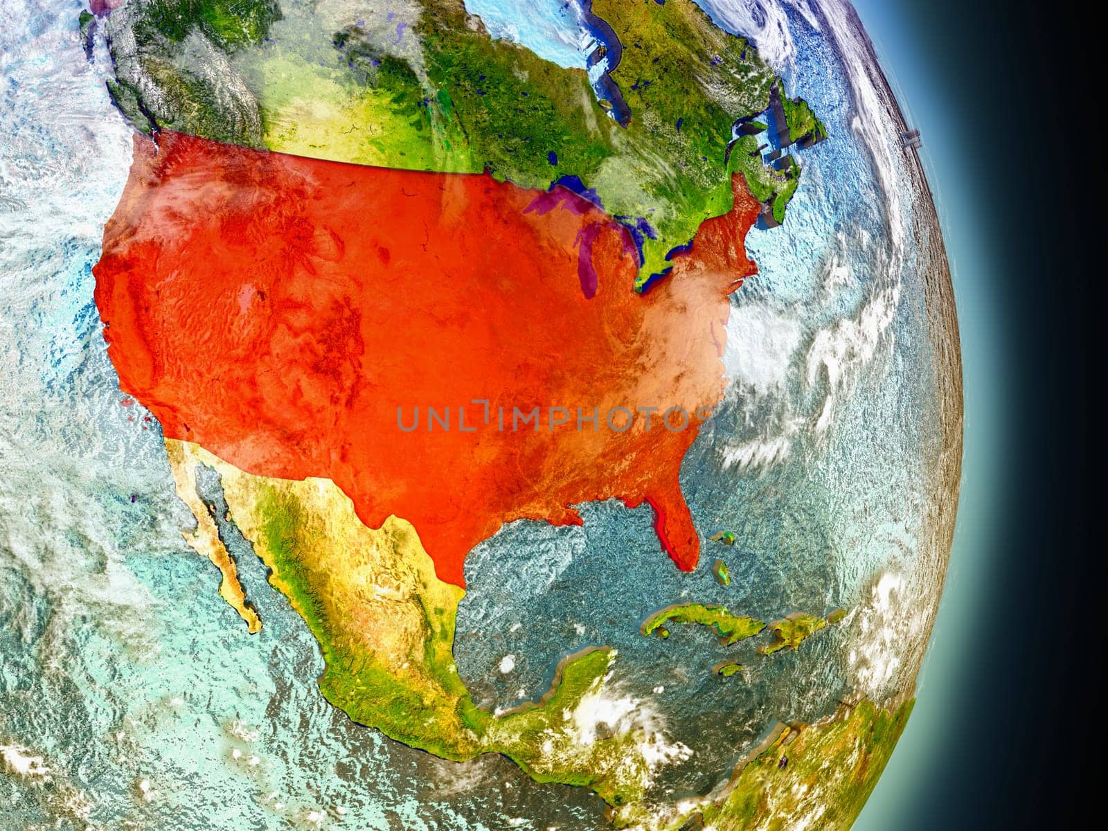 Model of USA from Earth's orbit in space. 3D illustration with highly detailed realistic planet surface and clouds in the atmosphere. Elements of this image furnished by NASA.