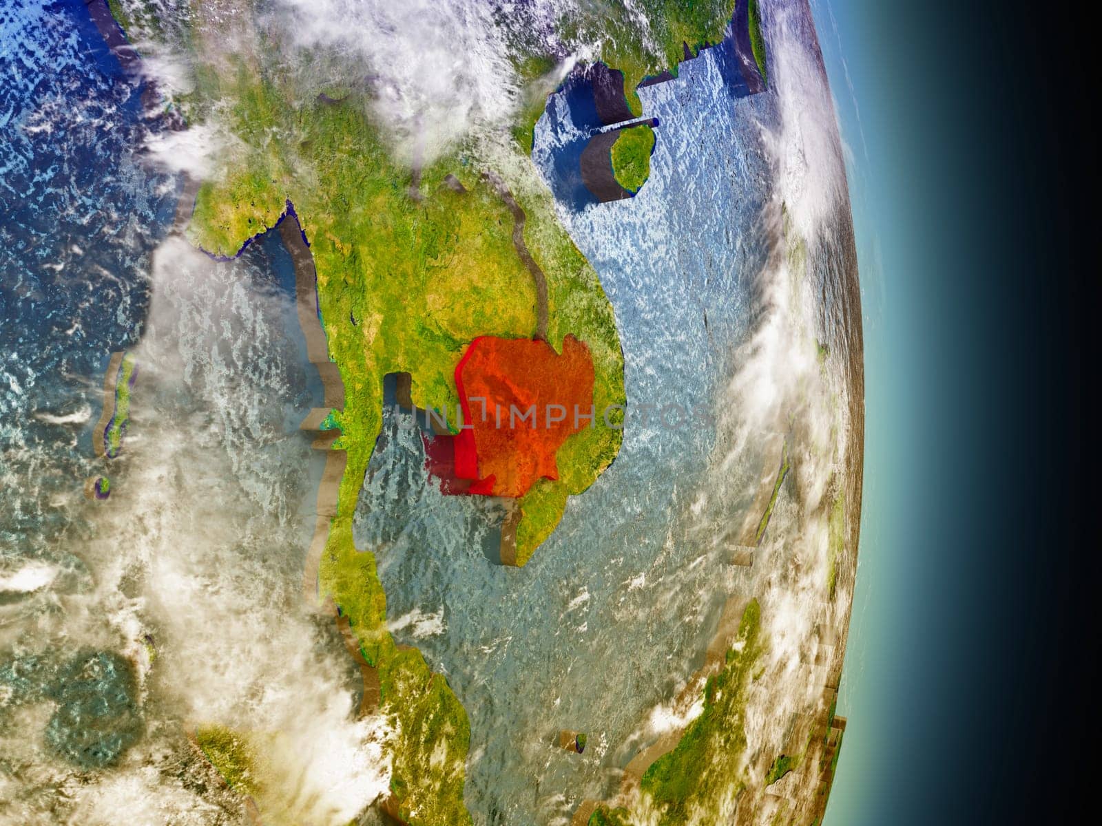 Model of Cambodia from Earth's orbit in space. 3D illustration with highly detailed realistic planet surface and clouds in the atmosphere. Elements of this image furnished by NASA.