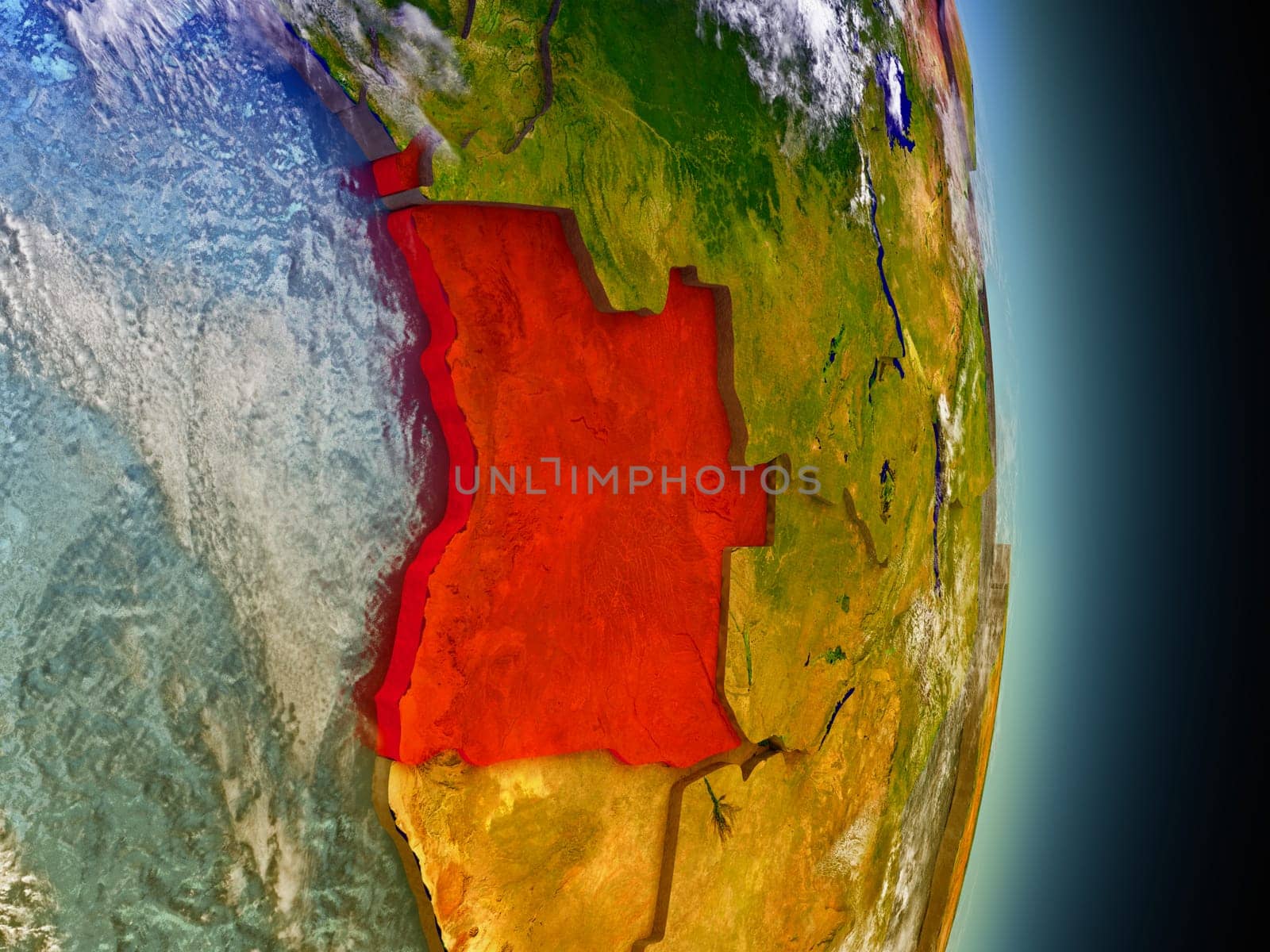 Model of Angola from Earth's orbit in space. 3D illustration with highly detailed realistic planet surface and clouds in the atmosphere. Elements of this image furnished by NASA.
