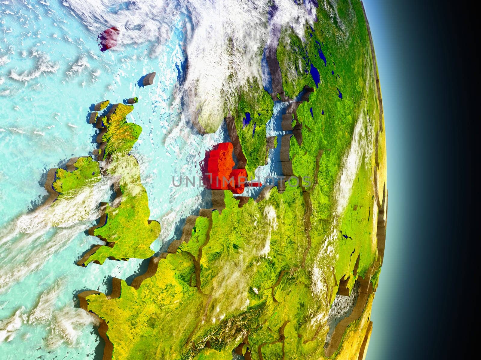 Model of Denmark from Earth's orbit in space. 3D illustration with highly detailed realistic planet surface and clouds in the atmosphere. Elements of this image furnished by NASA.