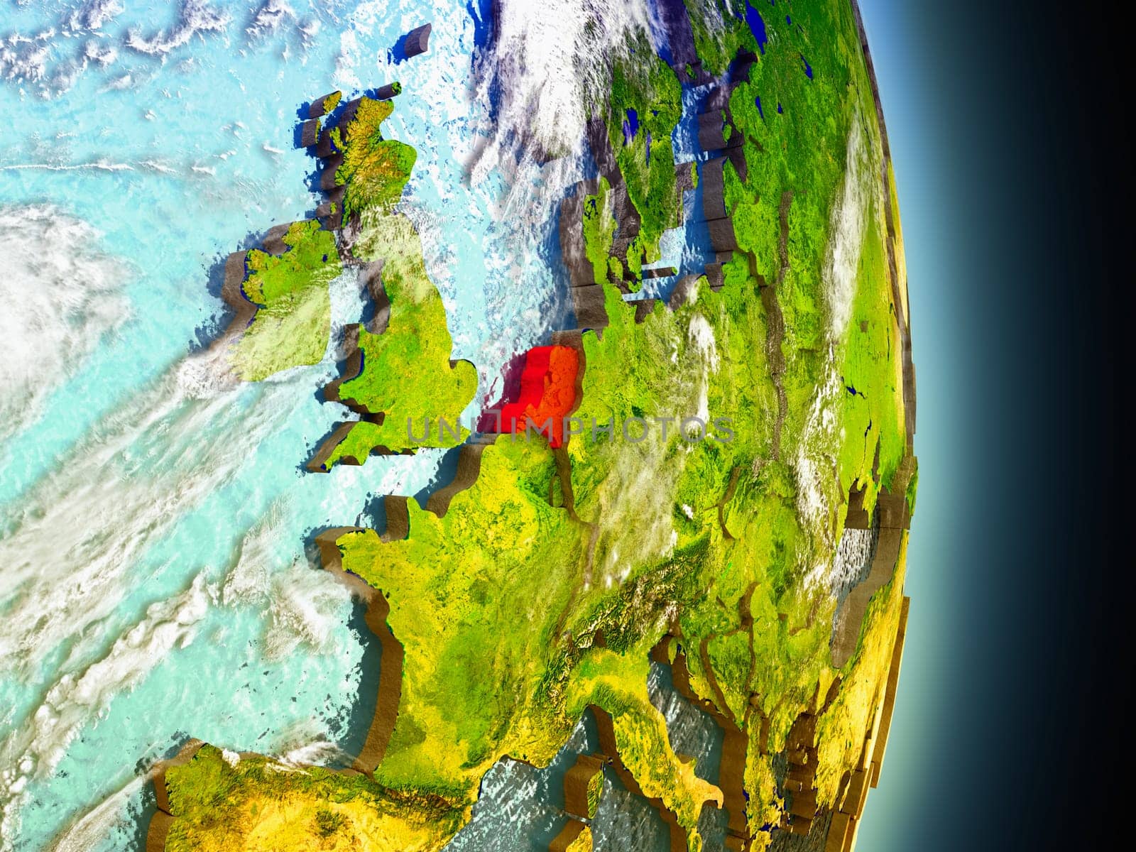 Model of Netherlands from Earth's orbit in space. 3D illustration with highly detailed realistic planet surface and clouds in the atmosphere. Elements of this image furnished by NASA.