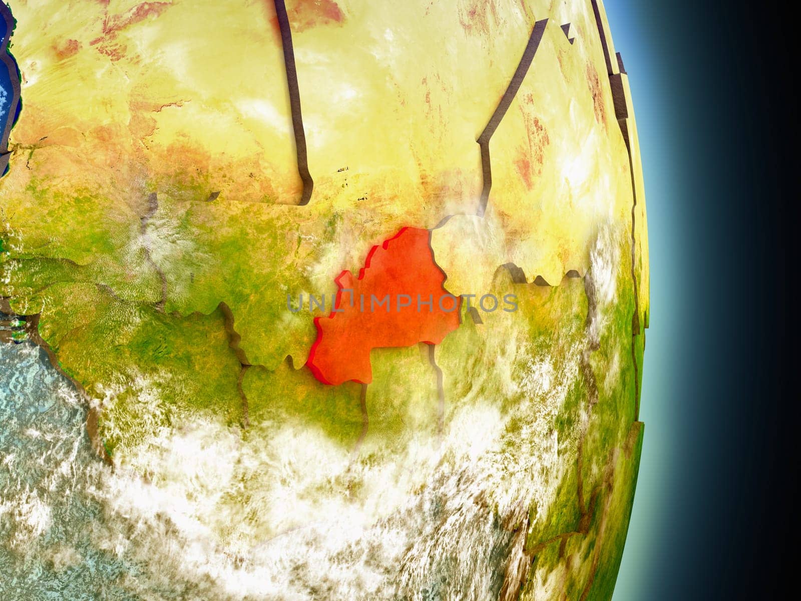 Model of Burkina Faso from Earth's orbit in space. 3D illustration with highly detailed realistic planet surface and clouds in the atmosphere. Elements of this image furnished by NASA.
