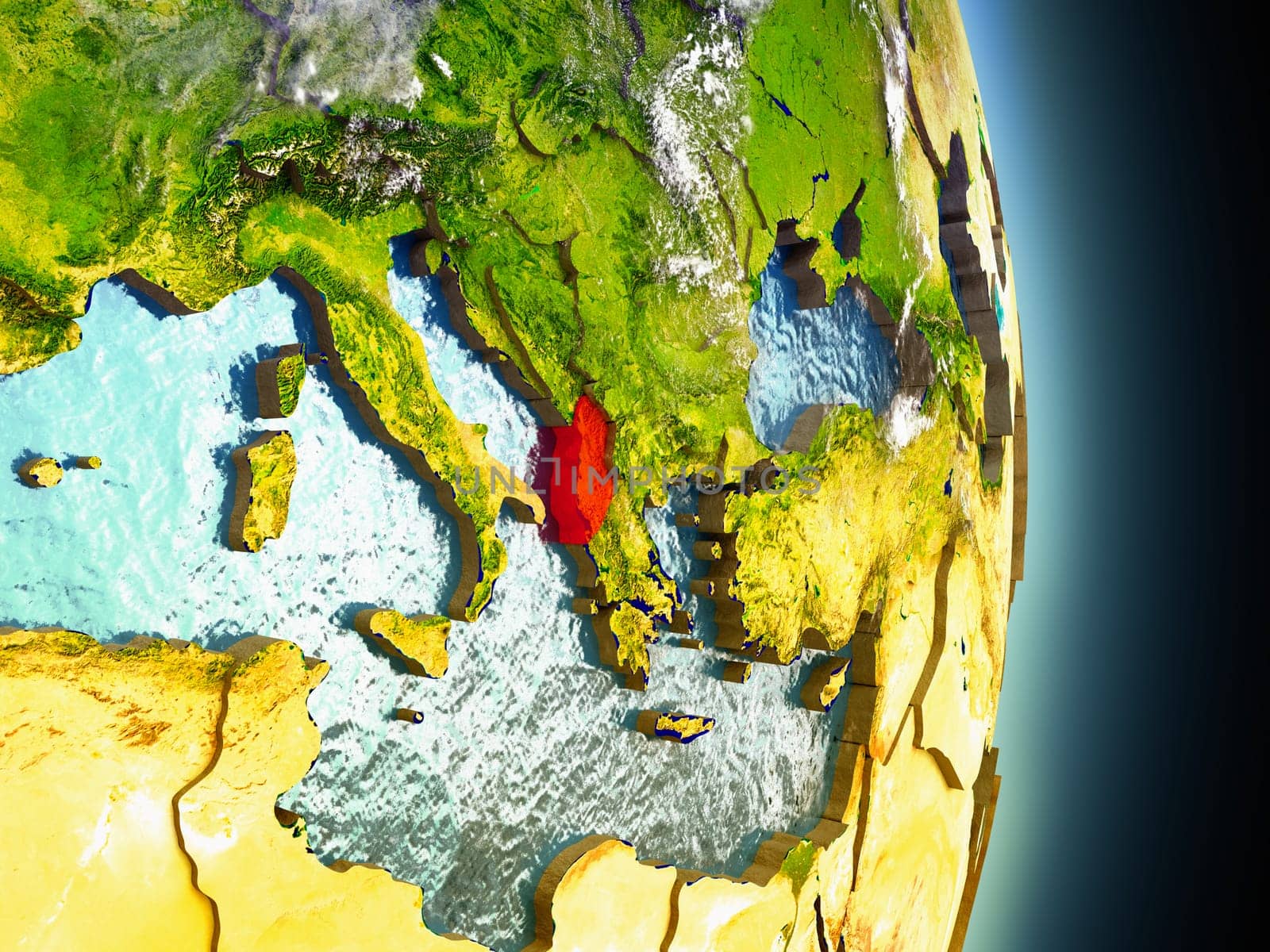 Model of Albania from Earth's orbit in space. 3D illustration with highly detailed realistic planet surface and clouds in the atmosphere. Elements of this image furnished by NASA.