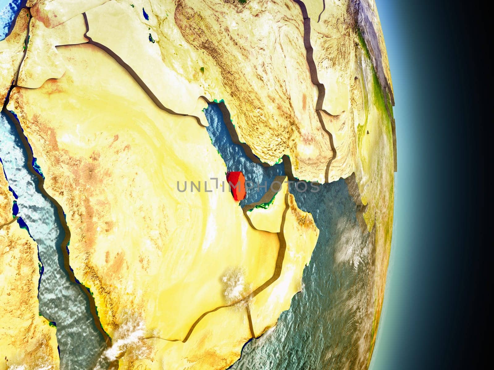 Model of Qatar from Earth's orbit in space. 3D illustration with highly detailed realistic planet surface and clouds in the atmosphere. Elements of this image furnished by NASA.