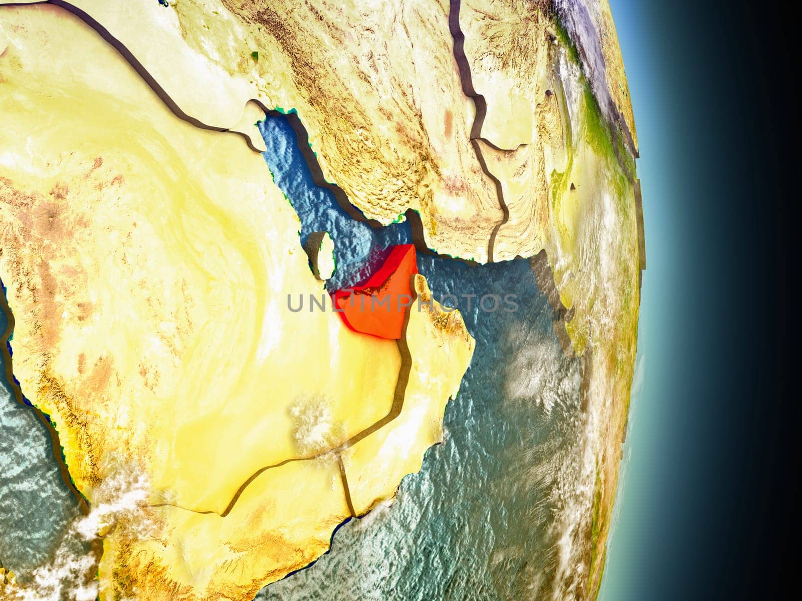 Model of United Arab Emirates from Earth's orbit in space. 3D illustration with highly detailed realistic planet surface and clouds in the atmosphere. Elements of this image furnished by NASA.