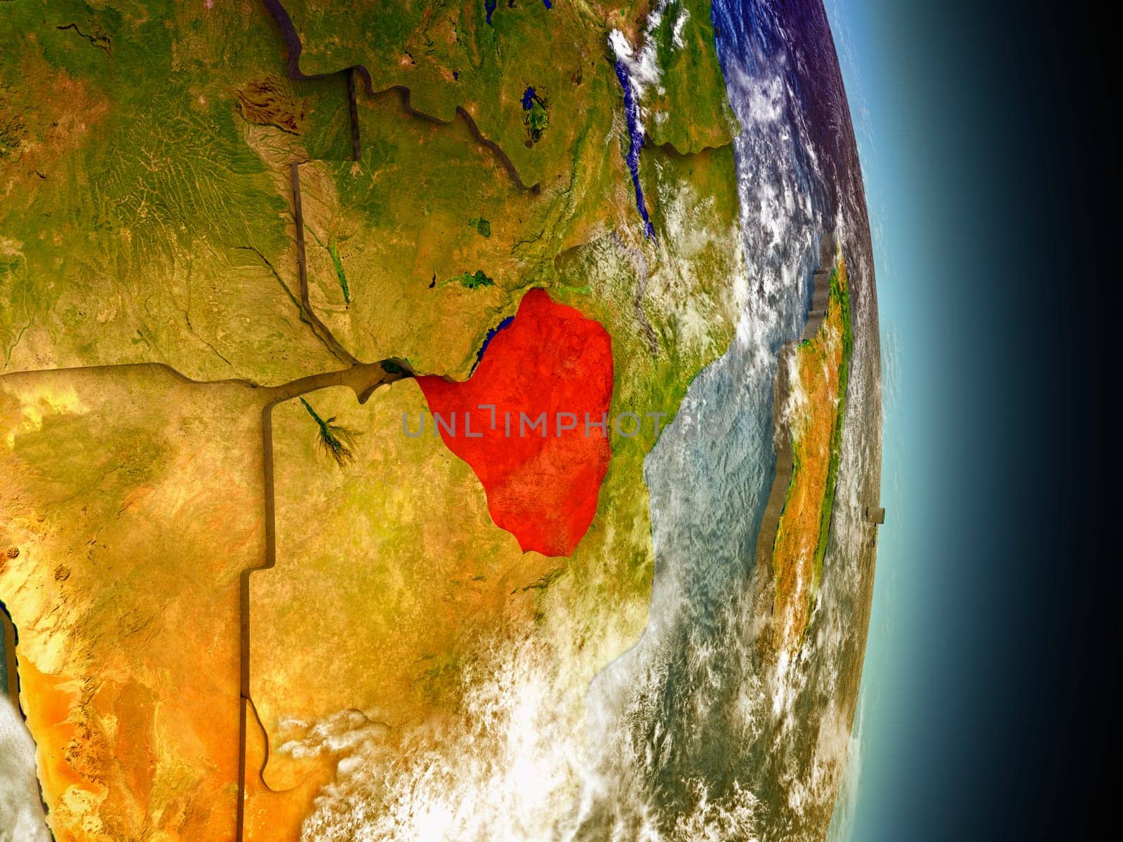 Model of Zimbabwe from Earth's orbit in space. 3D illustration with highly detailed realistic planet surface and clouds in the atmosphere. Elements of this image furnished by NASA.