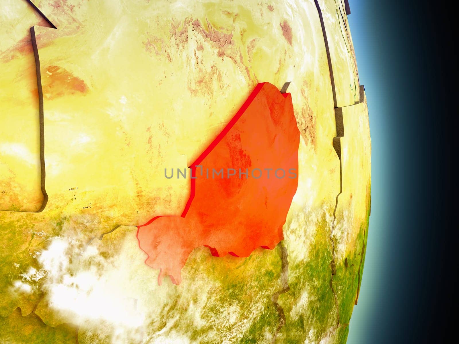 Model of Niger from Earth's orbit in space. 3D illustration with highly detailed realistic planet surface and clouds in the atmosphere. Elements of this image furnished by NASA.