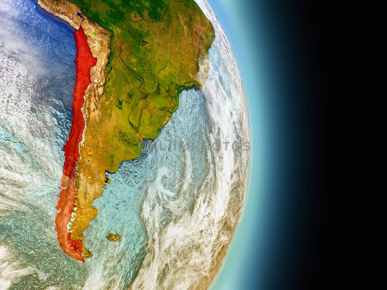 Model of Chile from Earth's orbit in space. 3D illustration with highly detailed realistic planet surface and clouds in the atmosphere. Elements of this image furnished by NASA.
