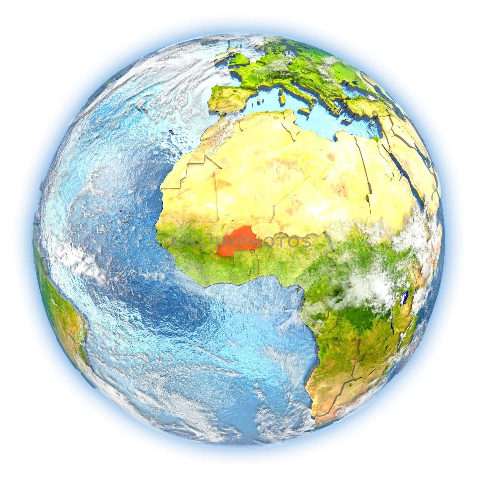 Burkina Faso highlighted in red on planet Earth. 3D illustration isolated on white background. Elements of this image furnished by NASA.