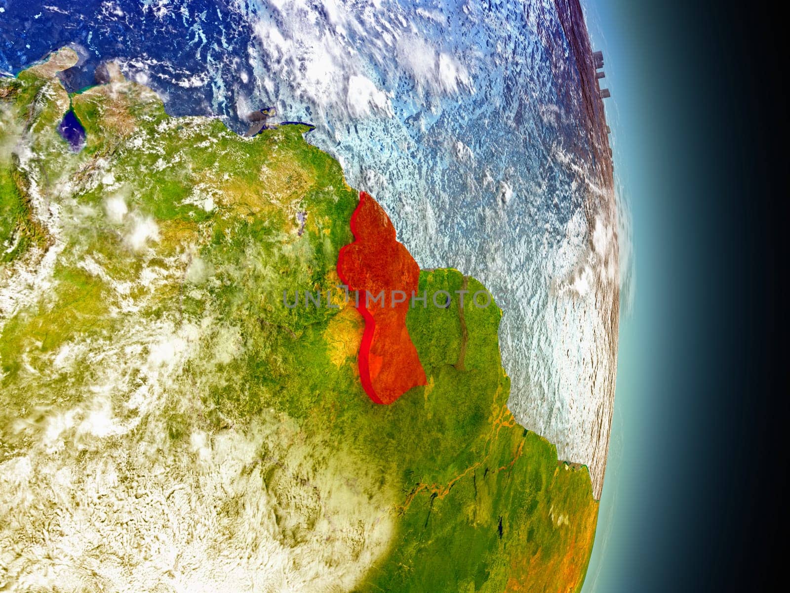 Model of Guyana from Earth's orbit in space. 3D illustration with highly detailed realistic planet surface and clouds in the atmosphere. Elements of this image furnished by NASA.