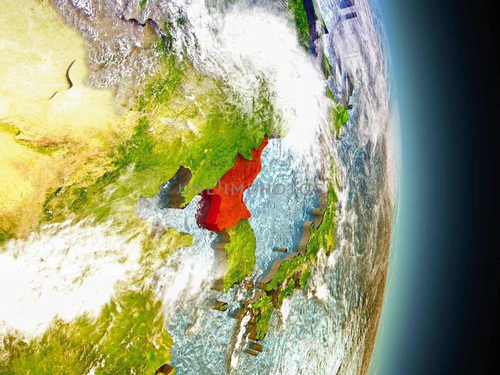 Model of North Korea from Earth's orbit in space. 3D illustration with highly detailed realistic planet surface and clouds in the atmosphere. Elements of this image furnished by NASA.