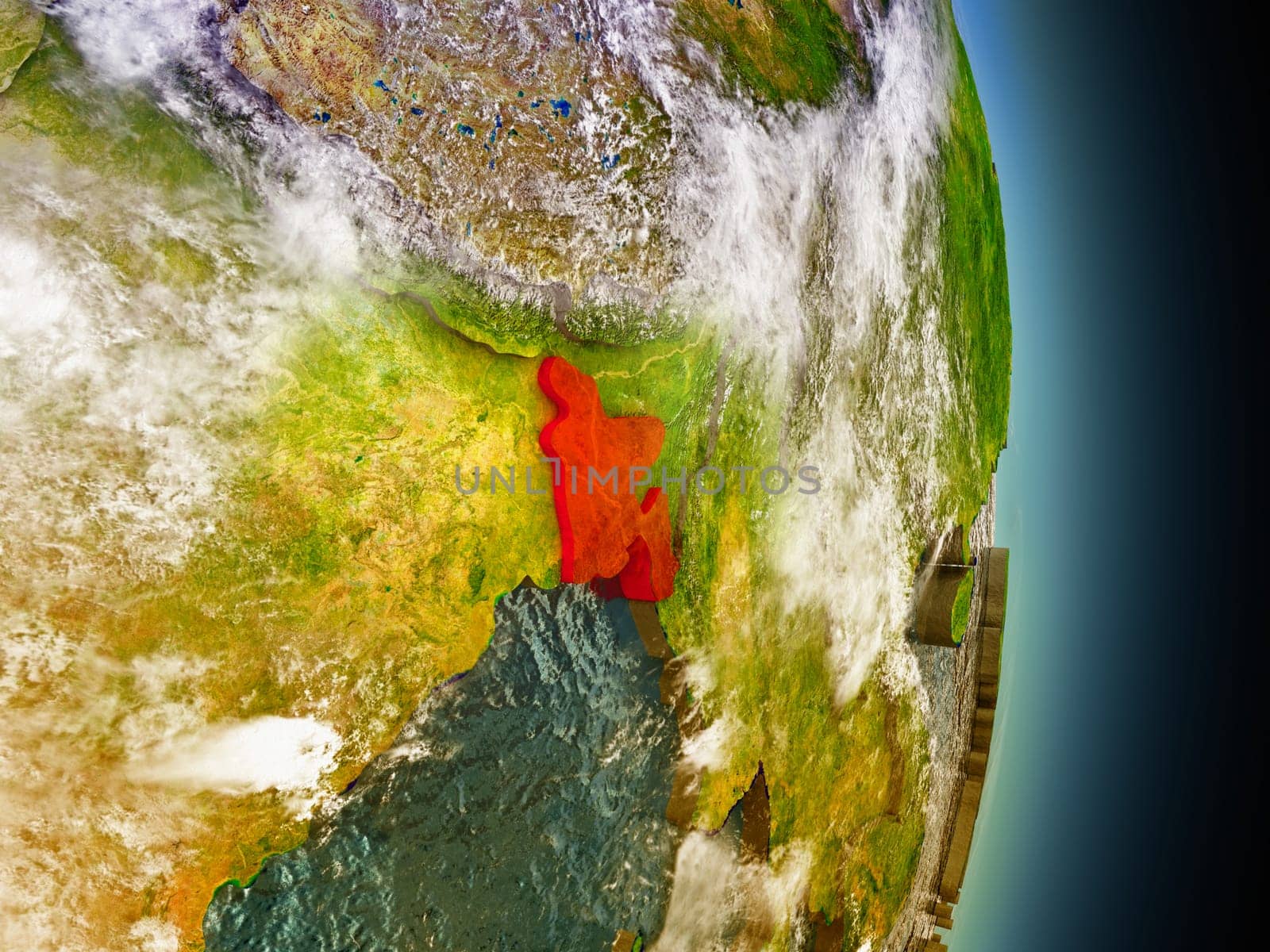 Model of Bangladesh from Earth's orbit in space. 3D illustration with highly detailed realistic planet surface and clouds in the atmosphere. Elements of this image furnished by NASA.