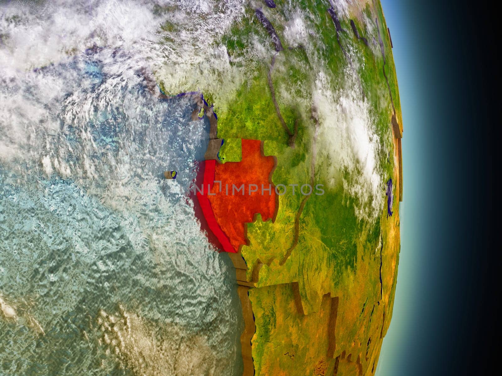 Model of Gabon from Earth's orbit in space. 3D illustration with highly detailed realistic planet surface and clouds in the atmosphere. Elements of this image furnished by NASA.