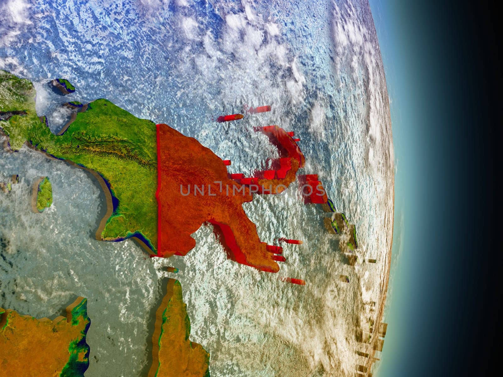 Model of Papua New Guinea from Earth's orbit in space. 3D illustration with highly detailed realistic planet surface and clouds in the atmosphere. Elements of this image furnished by NASA.