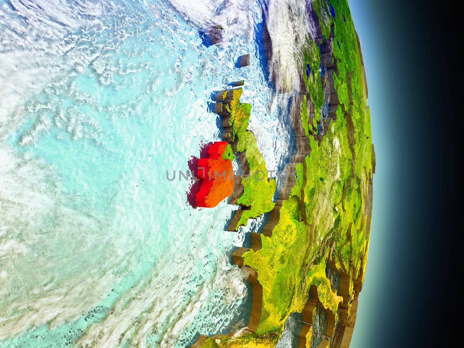 Model of Ireland from Earth's orbit in space. 3D illustration with highly detailed realistic planet surface and clouds in the atmosphere. Elements of this image furnished by NASA.