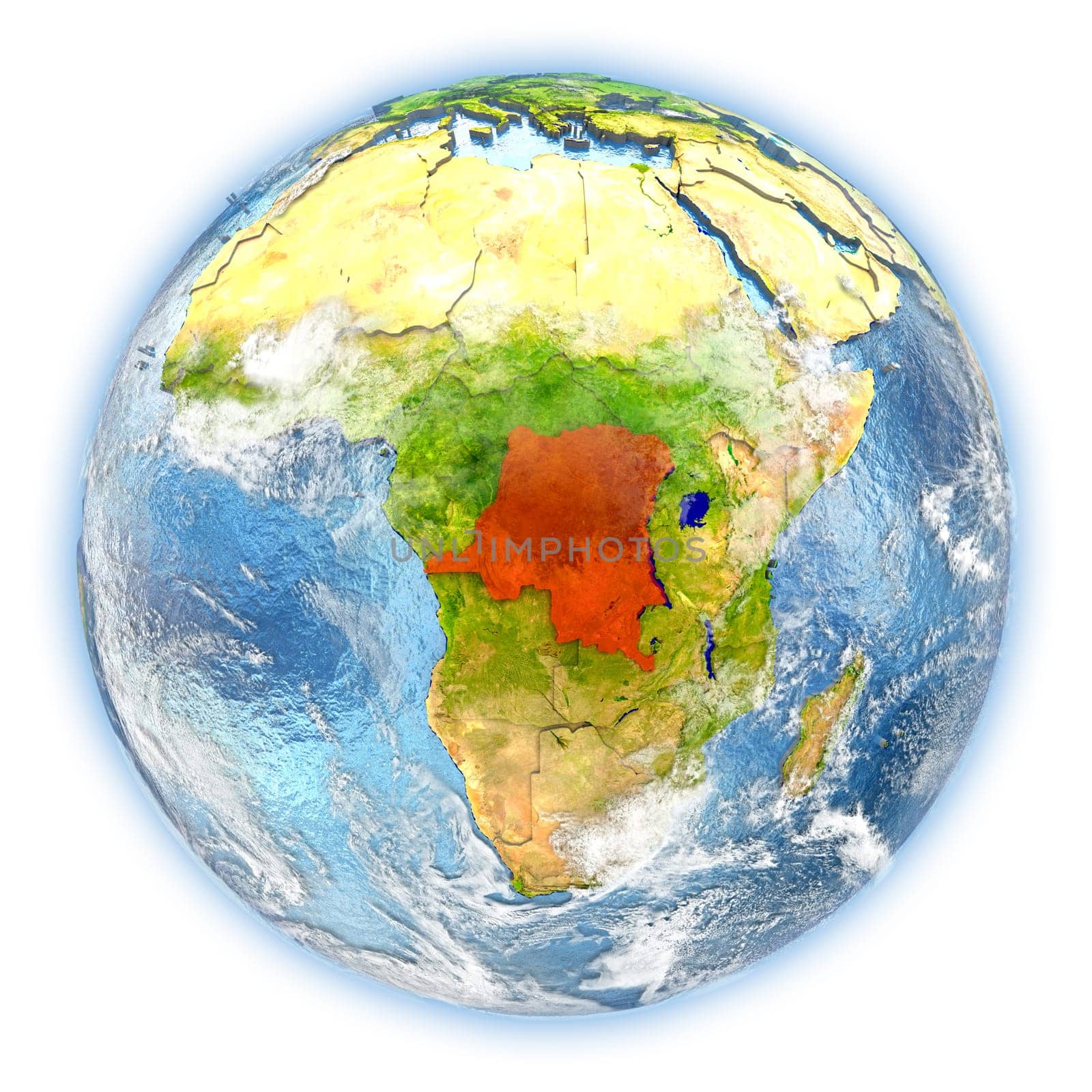 Democratic Republic of Congo highlighted in red on planet Earth. 3D illustration isolated on white background. Elements of this image furnished by NASA.