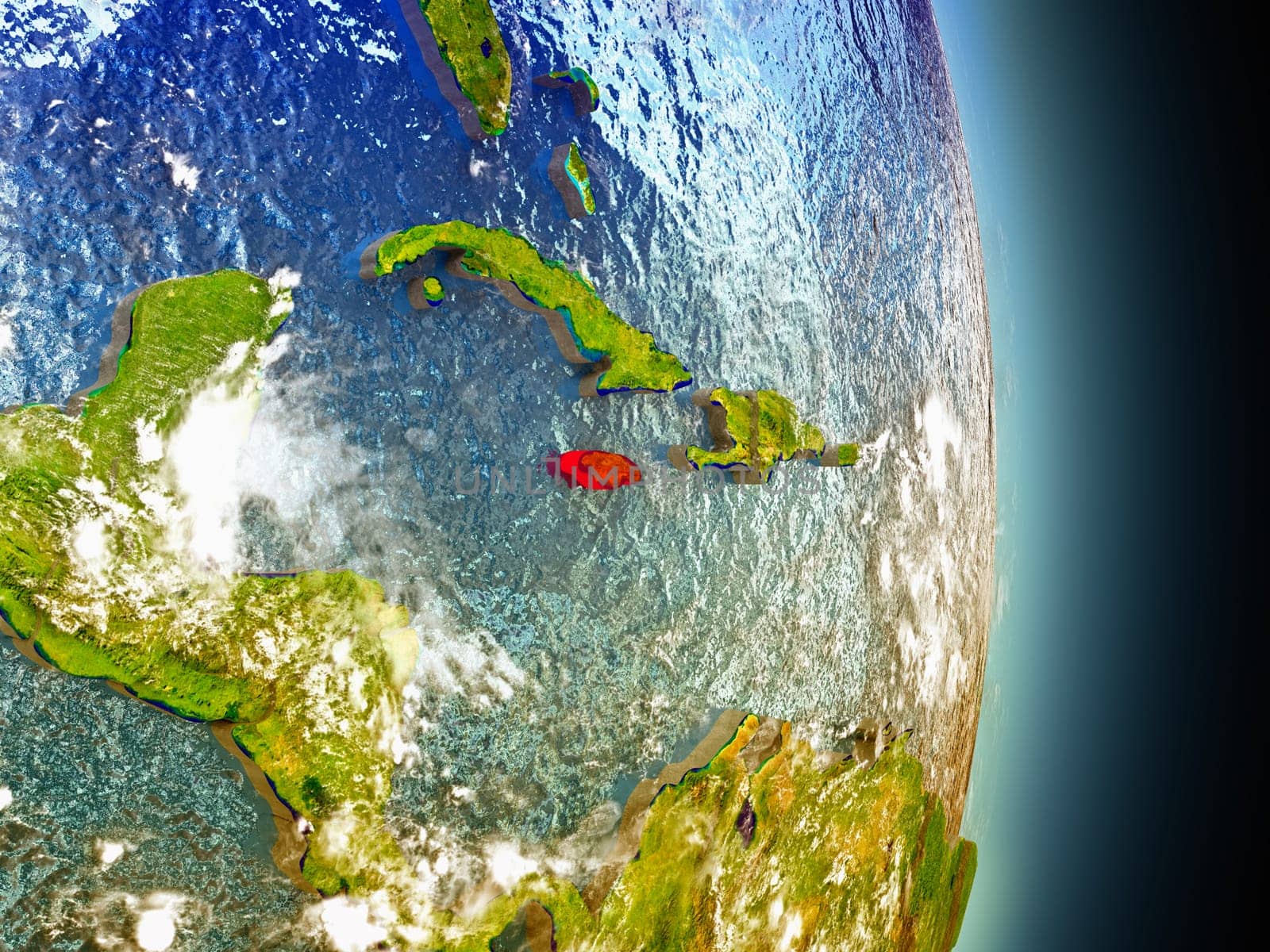 Model of Jamaica from Earth's orbit in space. 3D illustration with highly detailed realistic planet surface and clouds in the atmosphere. Elements of this image furnished by NASA.