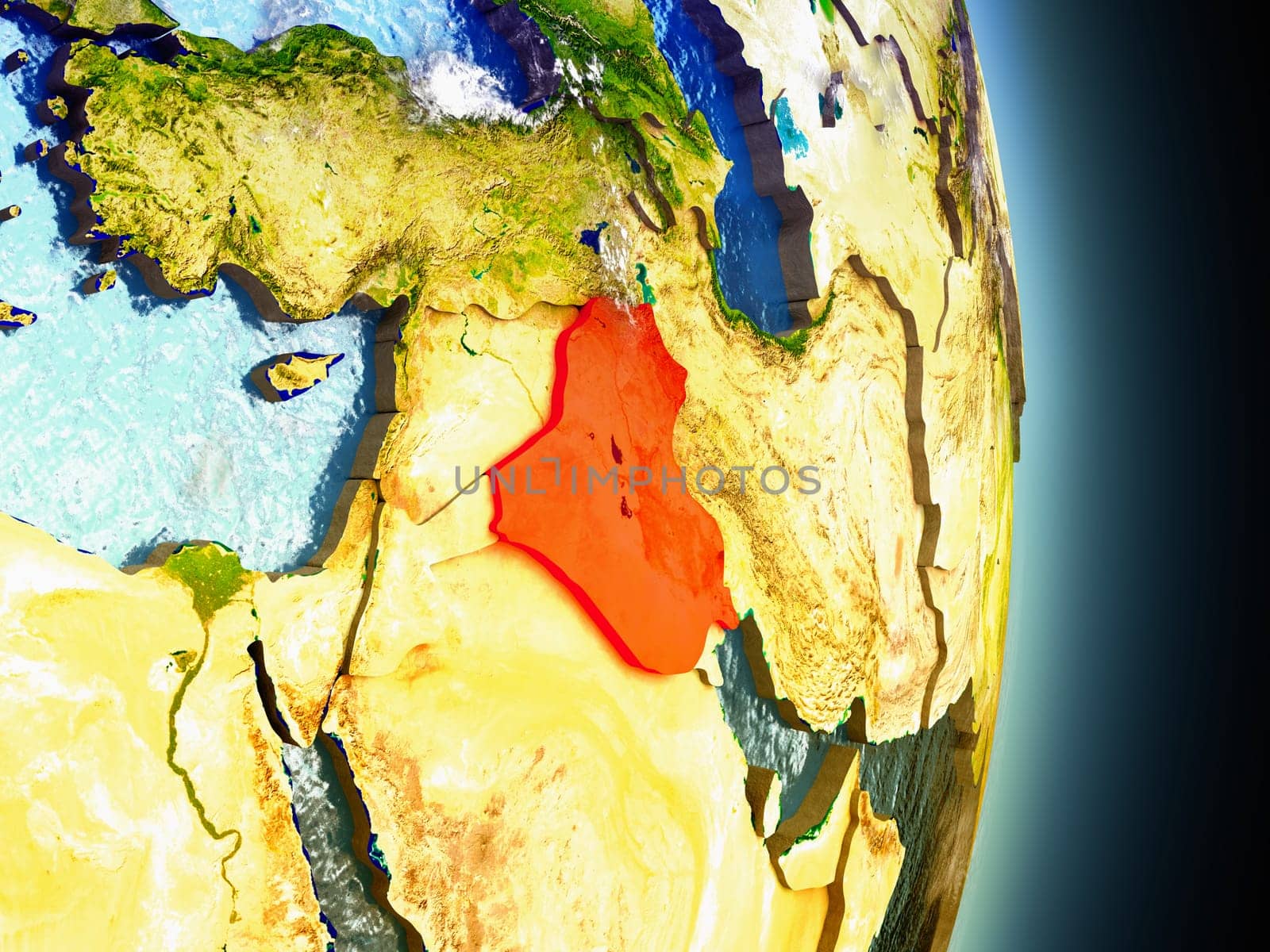 Model of Iraq from Earth's orbit in space. 3D illustration with highly detailed realistic planet surface and clouds in the atmosphere. Elements of this image furnished by NASA.