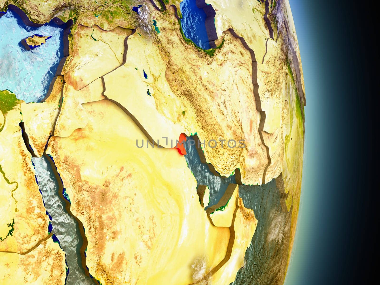 Model of Kuwait from Earth's orbit in space. 3D illustration with highly detailed realistic planet surface and clouds in the atmosphere. Elements of this image furnished by NASA.