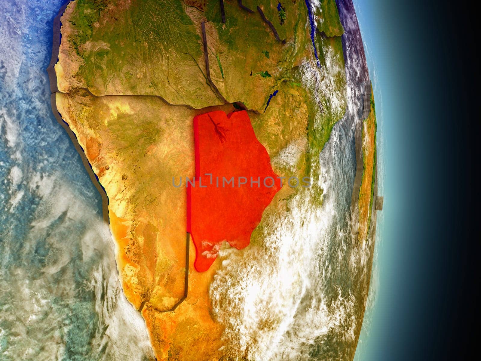 Model of Botswana from Earth's orbit in space. 3D illustration with highly detailed realistic planet surface and clouds in the atmosphere. Elements of this image furnished by NASA.