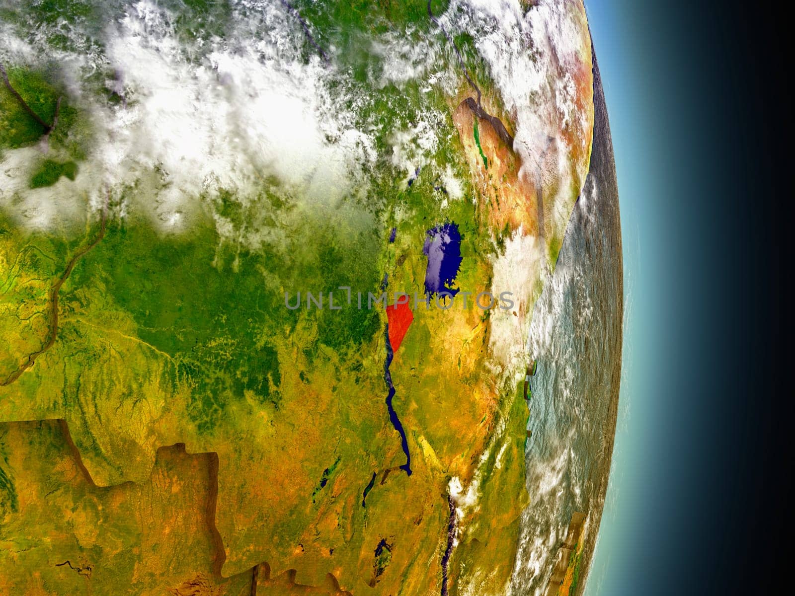 Model of Burundi from Earth's orbit in space. 3D illustration with highly detailed realistic planet surface and clouds in the atmosphere. Elements of this image furnished by NASA.