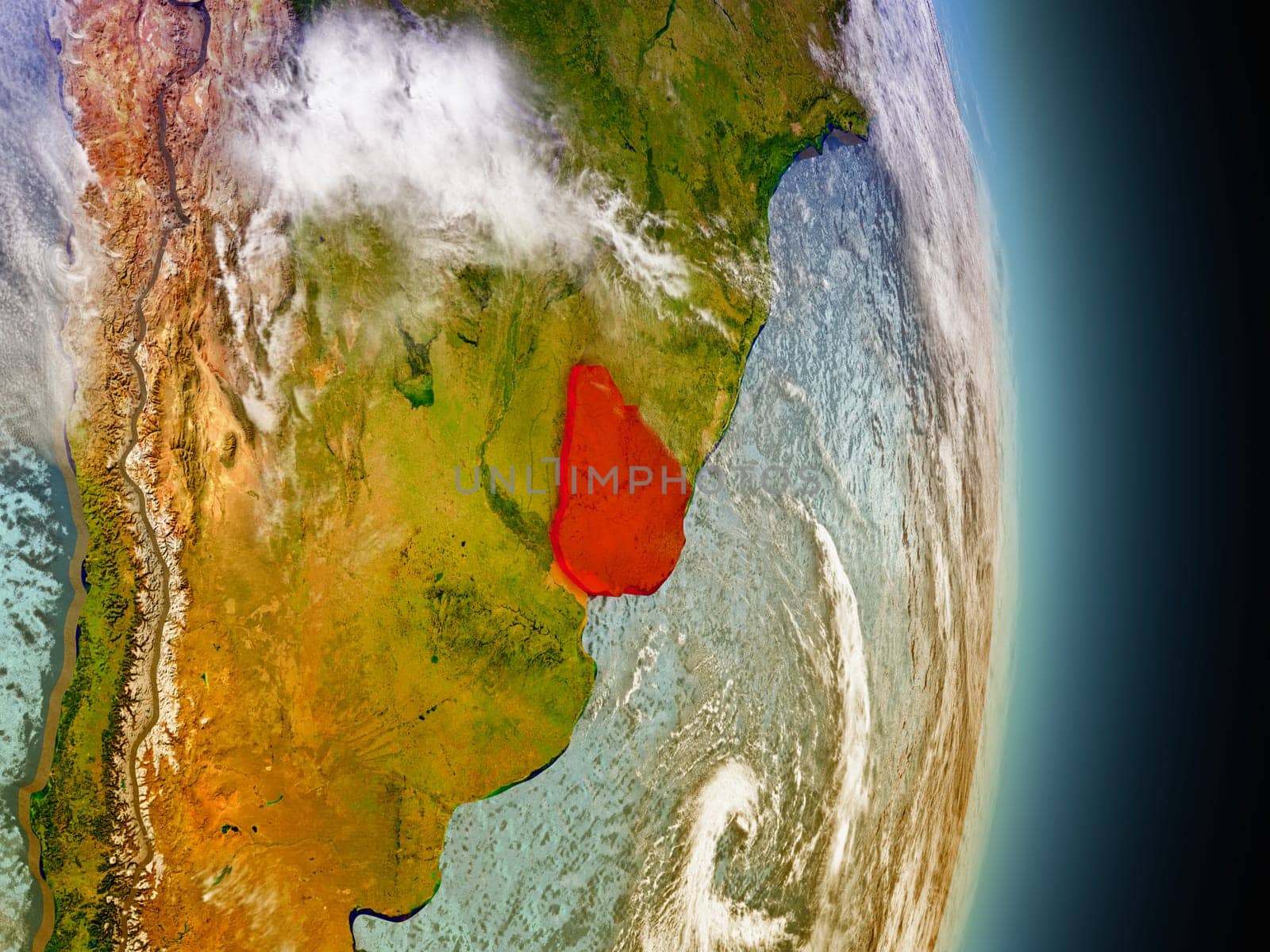Model of Uruguay from Earth's orbit in space. 3D illustration with highly detailed realistic planet surface and clouds in the atmosphere. Elements of this image furnished by NASA.