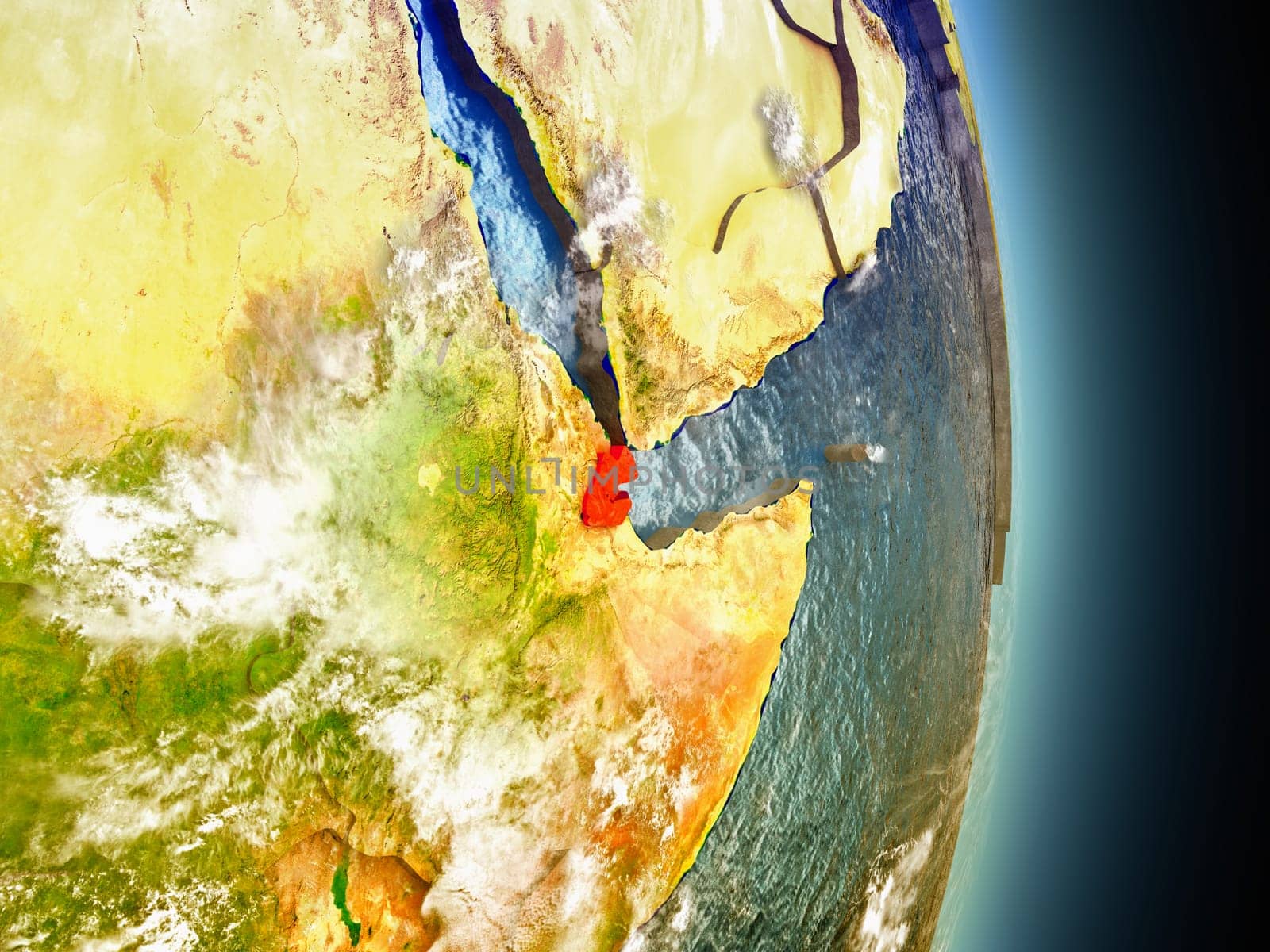 Model of Djibouti from Earth's orbit in space. 3D illustration with highly detailed realistic planet surface and clouds in the atmosphere. Elements of this image furnished by NASA.