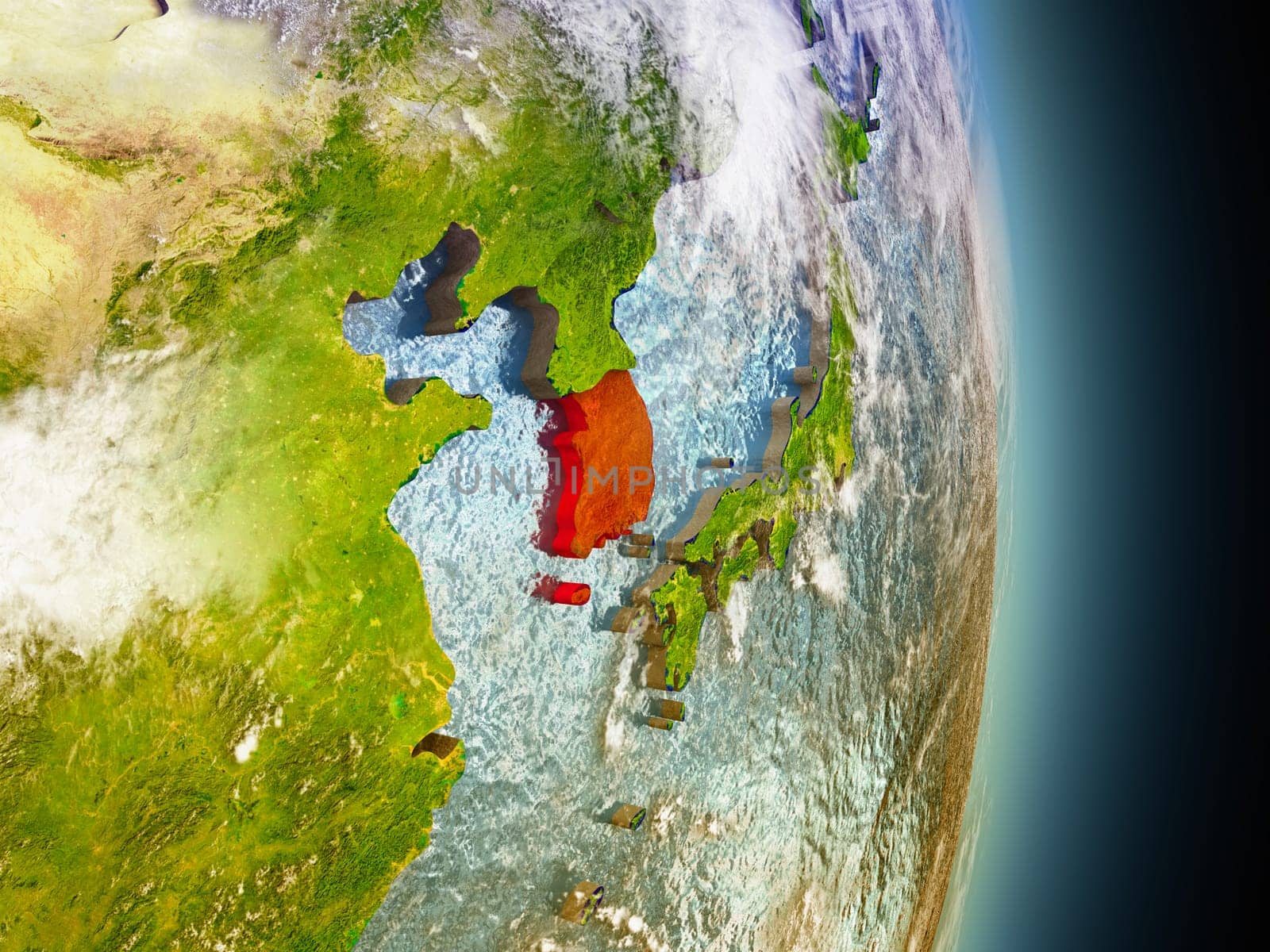 Model of South Korea from Earth's orbit in space. 3D illustration with highly detailed realistic planet surface and clouds in the atmosphere. Elements of this image furnished by NASA.