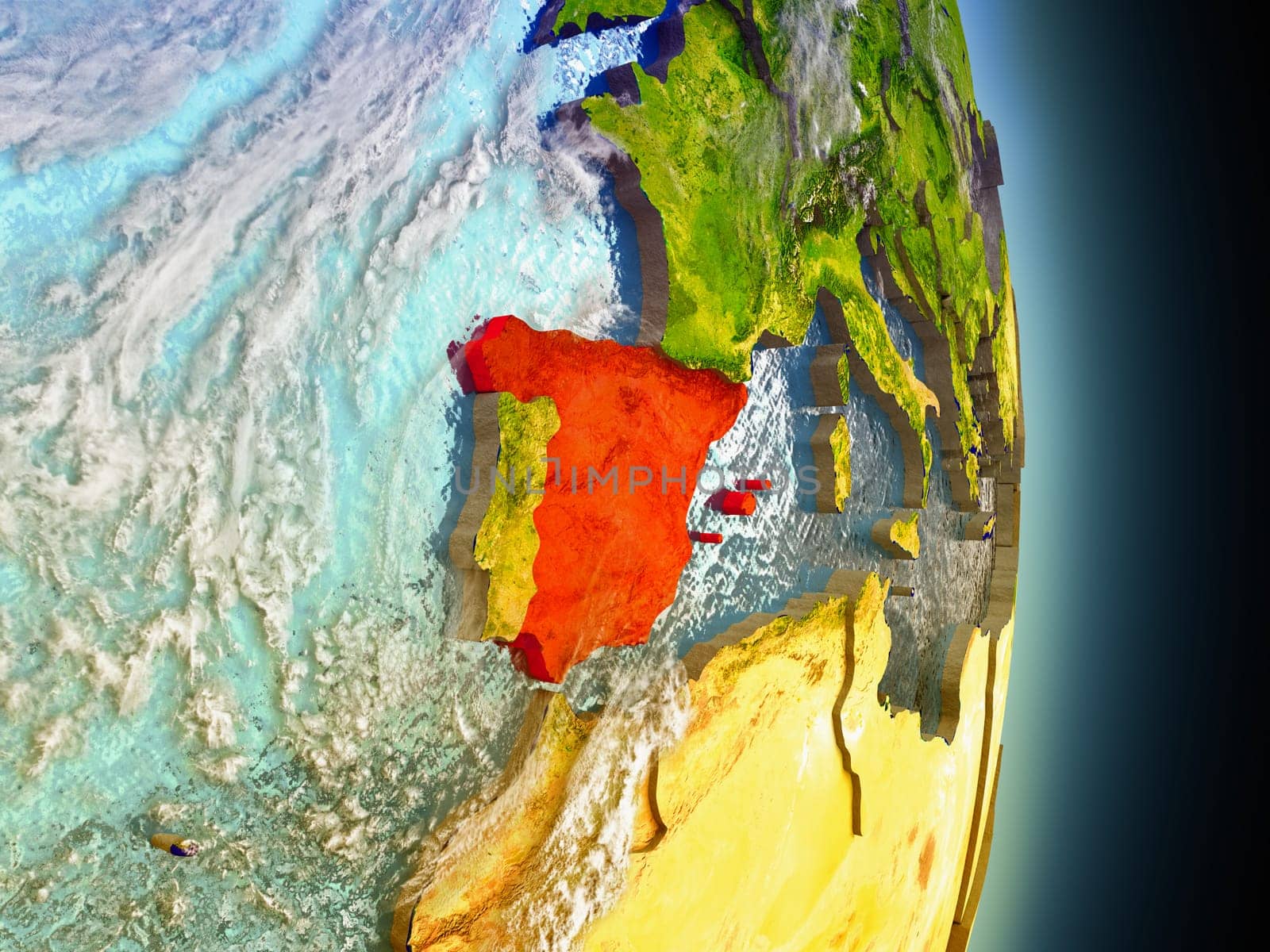 Model of Spain from Earth's orbit in space. 3D illustration with highly detailed realistic planet surface and clouds in the atmosphere. Elements of this image furnished by NASA.