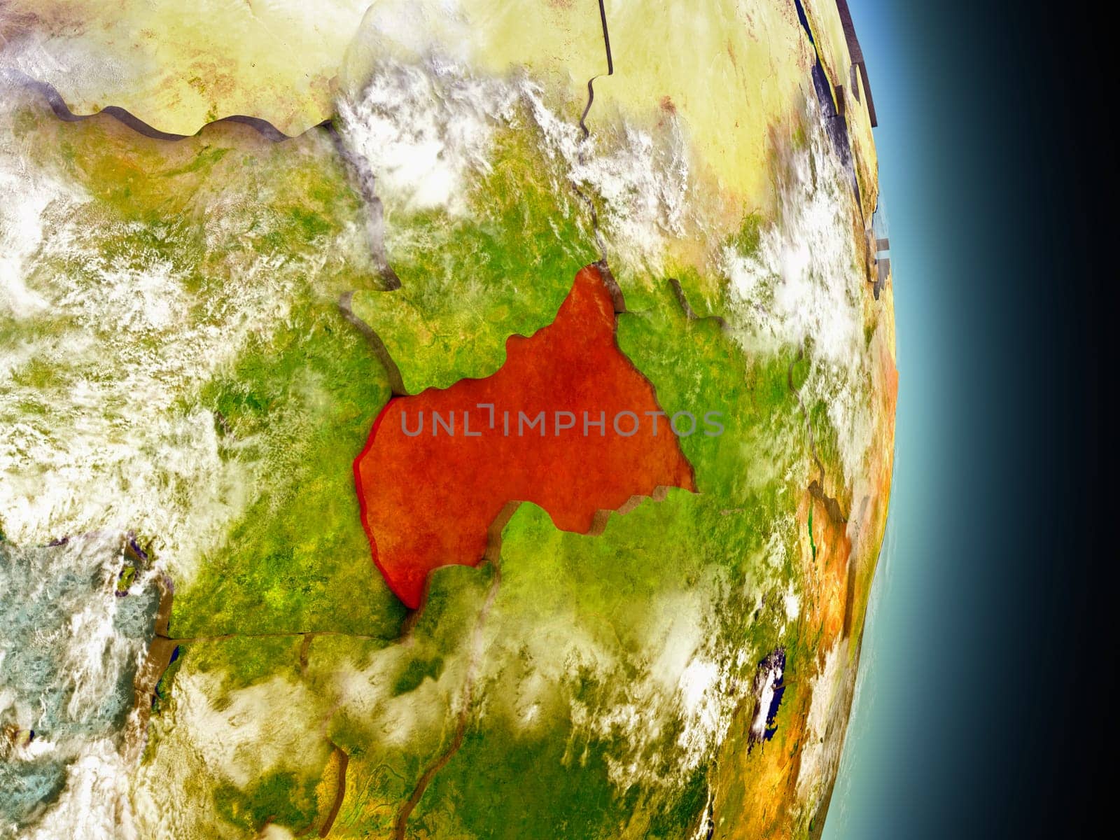 Model of Central Africa from Earth's orbit in space. 3D illustration with highly detailed realistic planet surface and clouds in the atmosphere. Elements of this image furnished by NASA.