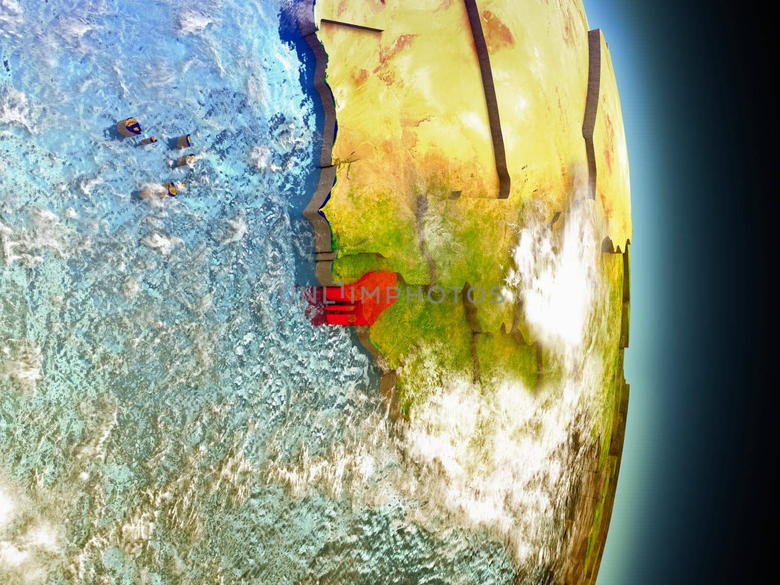 Model of Guinea-Bissau from Earth's orbit in space. 3D illustration with highly detailed realistic planet surface and clouds in the atmosphere. Elements of this image furnished by NASA.
