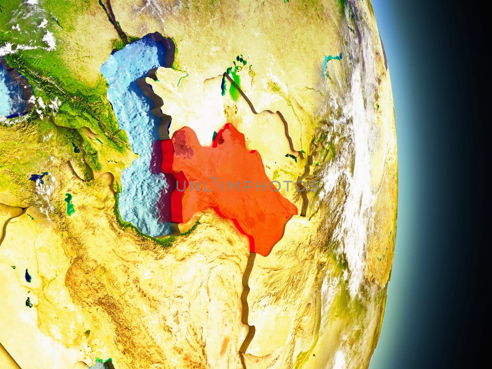 Model of Turkmenistan from Earth's orbit in space. 3D illustration with highly detailed realistic planet surface and clouds in the atmosphere. Elements of this image furnished by NASA.