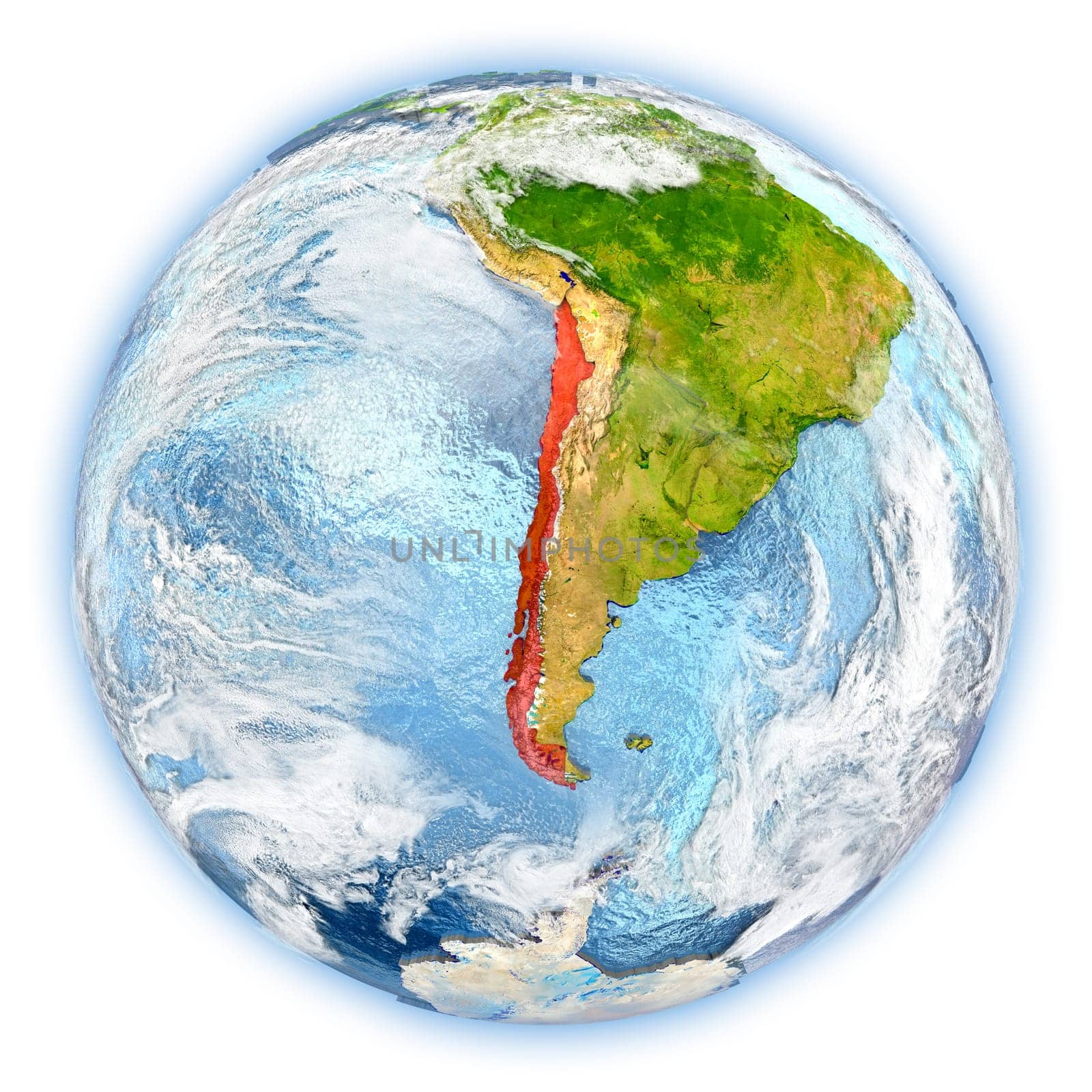 Chile highlighted in red on planet Earth. 3D illustration isolated on white background. Elements of this image furnished by NASA.