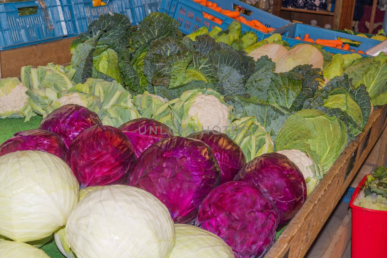 Different types of cabbage at a farmer's market..