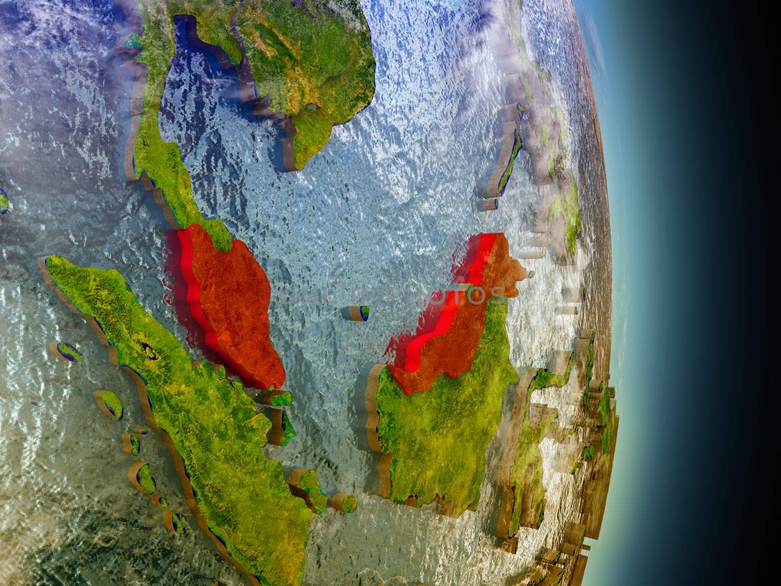 Model of Malaysia from Earth's orbit in space. 3D illustration with highly detailed realistic planet surface and clouds in the atmosphere. Elements of this image furnished by NASA.