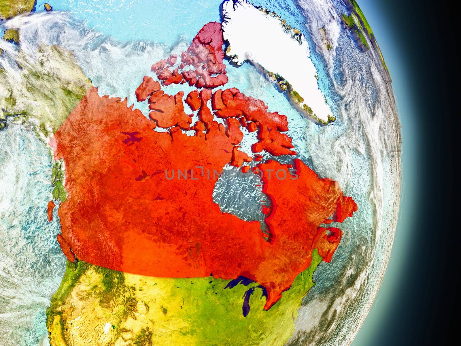 Model of Canada from Earth's orbit in space. 3D illustration with highly detailed realistic planet surface and clouds in the atmosphere. Elements of this image furnished by NASA.