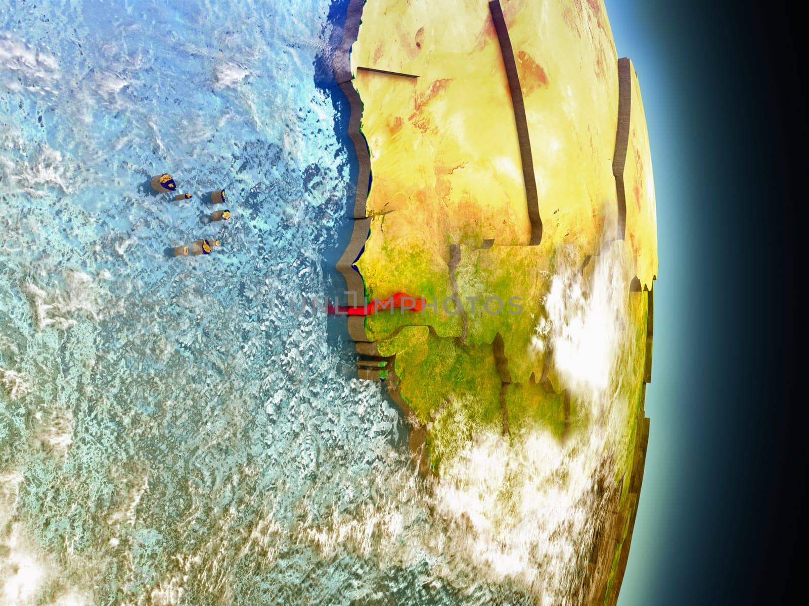 Model of Gambia from Earth's orbit in space. 3D illustration with highly detailed realistic planet surface and clouds in the atmosphere. Elements of this image furnished by NASA.