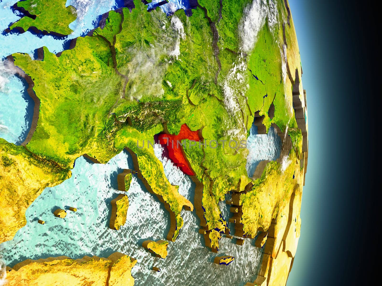 Model of Croatia from Earth's orbit in space. 3D illustration with highly detailed realistic planet surface and clouds in the atmosphere. Elements of this image furnished by NASA.