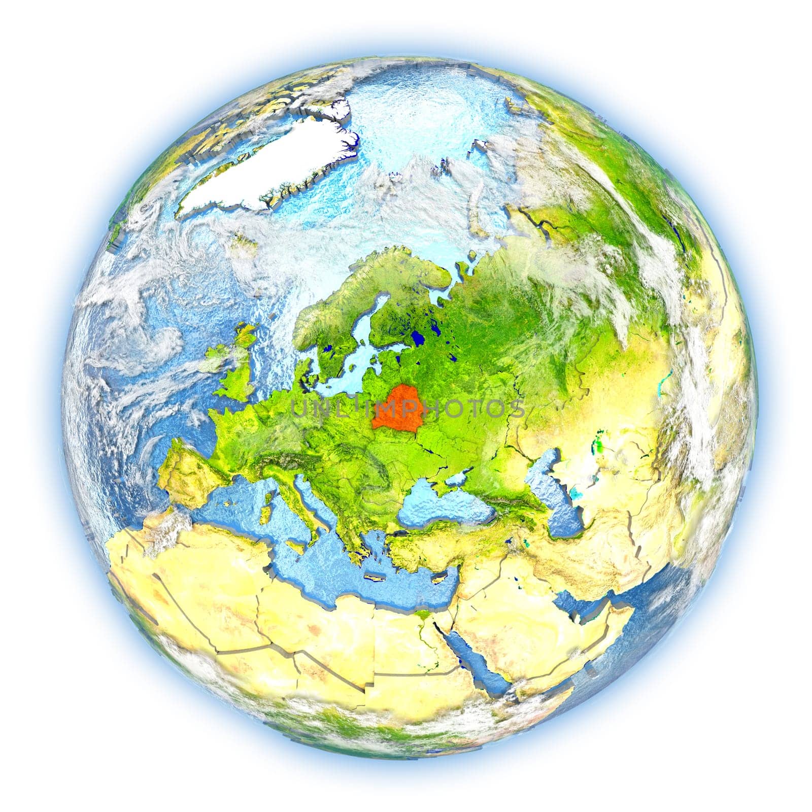 Belarus highlighted in red on planet Earth. 3D illustration isolated on white background. Elements of this image furnished by NASA.
