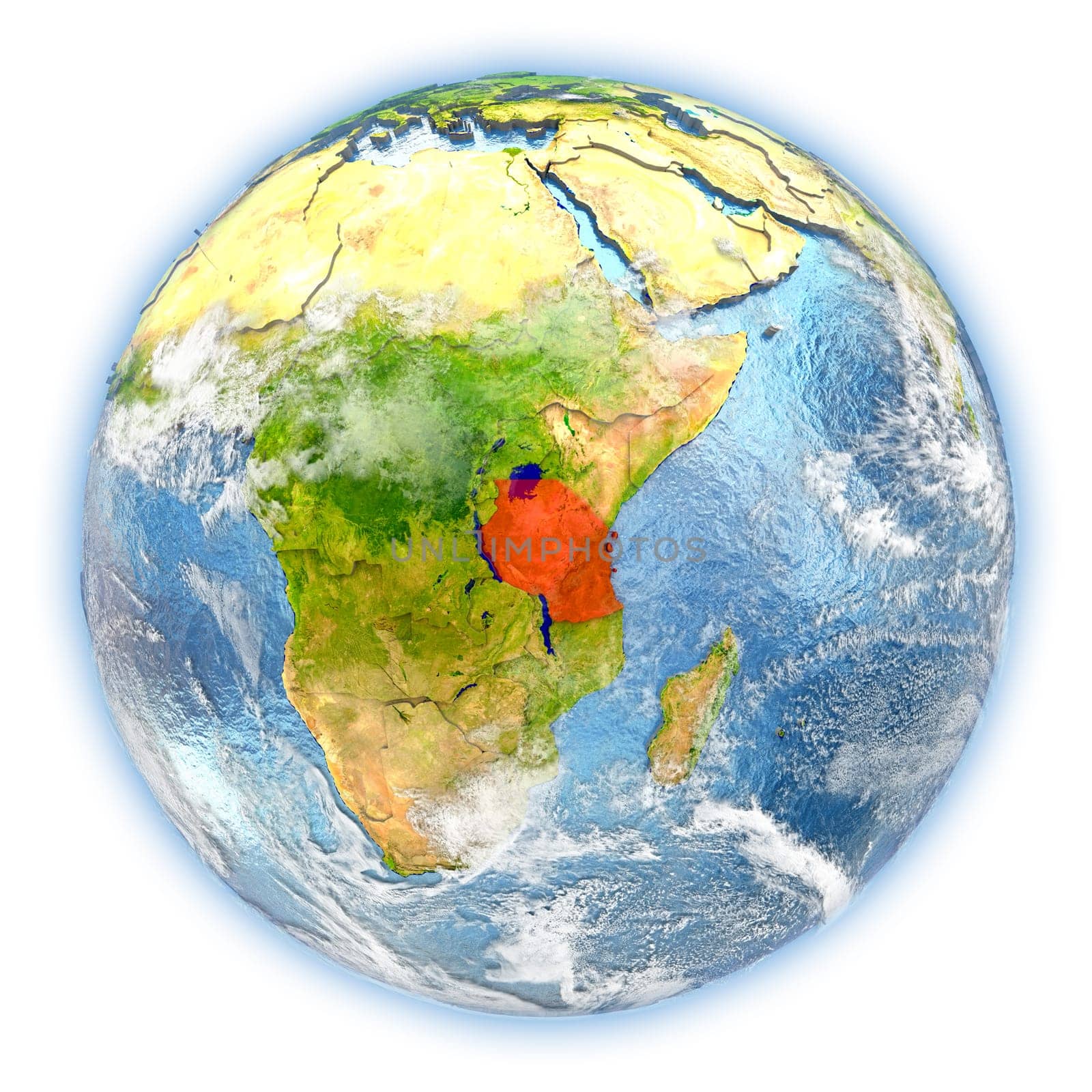 Tanzania highlighted in red on planet Earth. 3D illustration isolated on white background. Elements of this image furnished by NASA.